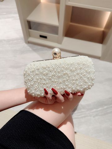 White Polyester Solid Color Pearls Evening Bags