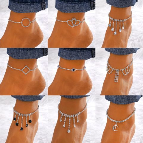 Vacation Simple Style Moon Heart Shape Copper Inlay Artificial Rhinestones Artificial Diamond Gold Plated Silver Plated Women's Anklet