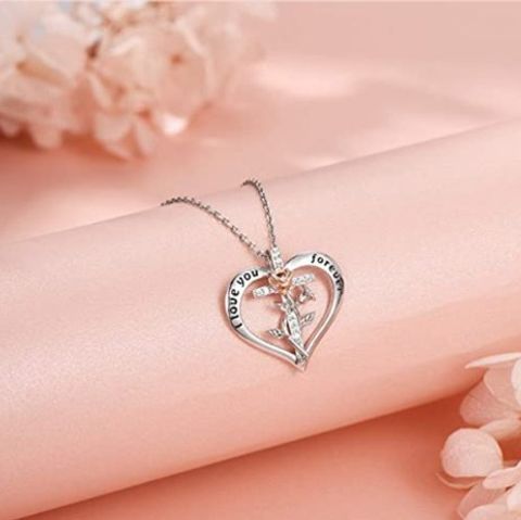 Copper IG Style MAMA Shiny Cross Heart Shape Rose Hollow Out Inlay Zircon Pendant Necklace