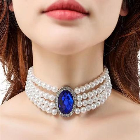 Vintage Style Baroque Style Vacation Oval Beaded Artificial Pearl Inlay Artificial Gemstones Artificial Rhinestones Silver Plated Women's Choker