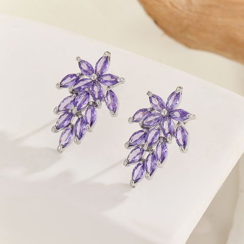 1 Pair Casual Elegant Leaves Inlay Copper Zircon Silver Plated Ear Studs