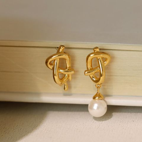 1 Pair IG Style Simple Style Knot Asymmetrical Inlay Copper Natural Stone Pearl 18K Gold Plated Drop Earrings Ear Cuffs