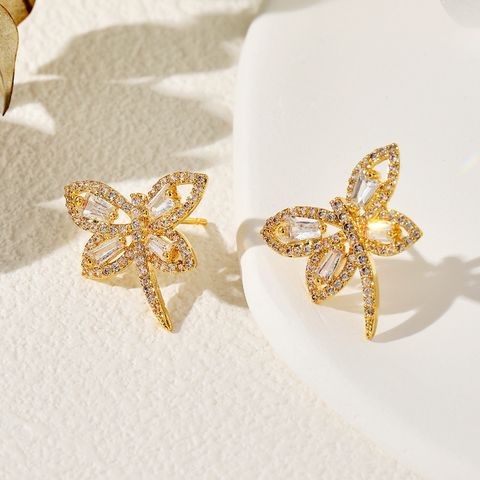 1 Pair Streetwear Dragonfly Plating Inlay Copper Zircon 18K Gold Plated Ear Studs