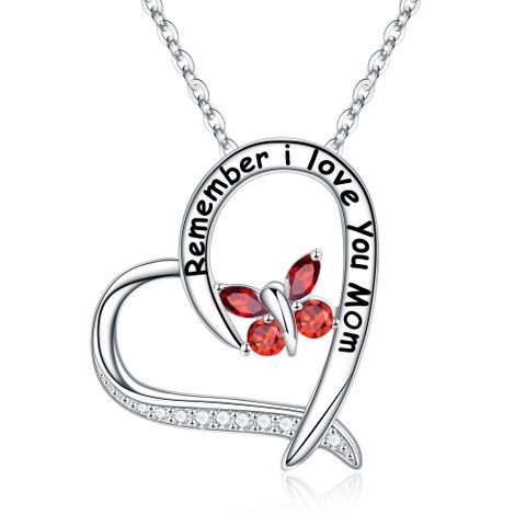 Sterling Silver Elegant Classic Style Heart Shape Solid Color Butterfly Inlay Zircon Pendant Necklace