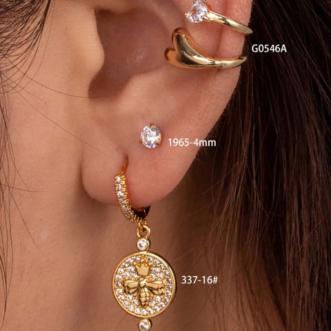 1 Piece French Style Round Heart Shape Bee Inlay Copper Zircon Hoop Earrings