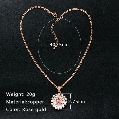 Copper Rose Gold Plated Classical Retro Inlay Flower Zircon Pendant Necklace