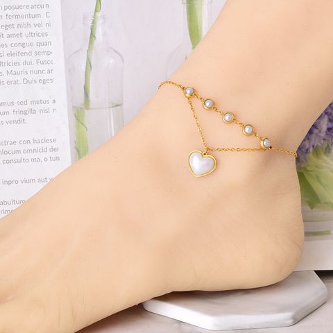 Simple Style Heart Shape Flower Butterfly 304 Stainless Steel Artificial Pearls Glass Stone Shell 18K Gold Plated Women's Anklet