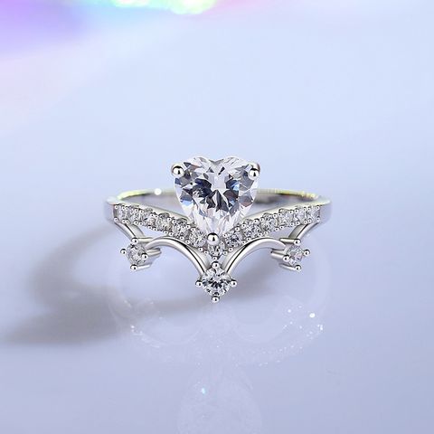 Sterling Silver Simple Style Classic Style Heart Shape Crown Inlay Moissanite Rings