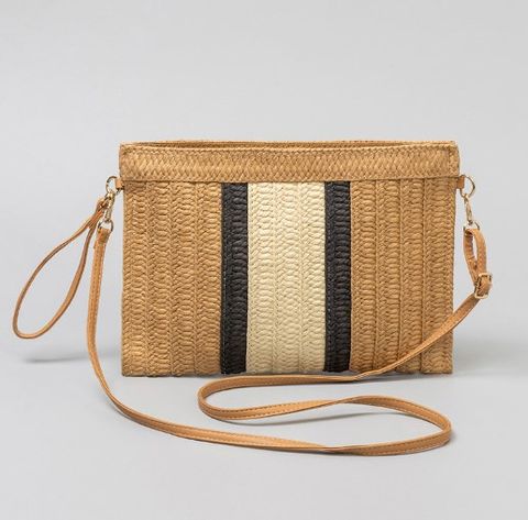 Women's Small Summer Straw Color Block Stripe Beach Zipper Shoulder Bag