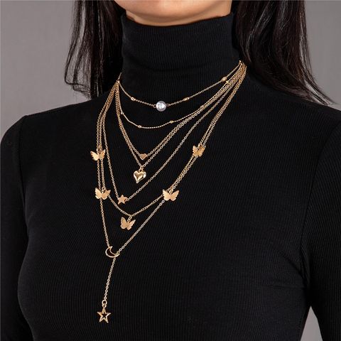Elegant Heart Shape Butterfly Alloy Layered Women's Layered Necklaces