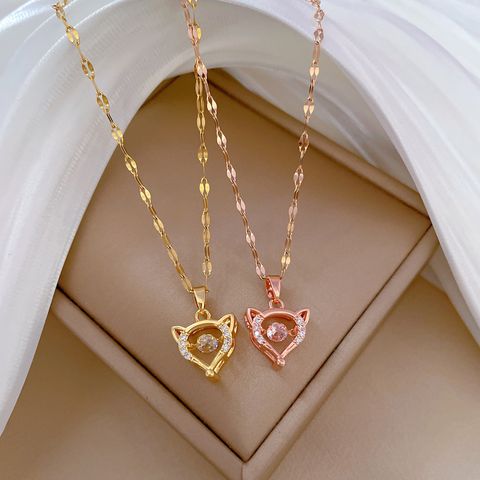 Titanium Steel IG Style Hollow Out Inlay Heart Shape Fox Artificial Gemstones Pendant Necklace