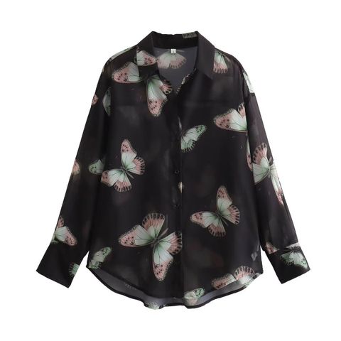 Women's Blouse Long Sleeve Blouses Button Simple Style Butterfly