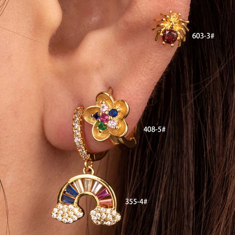 1 Piece French Style Rainbow Flower Spider Inlay Copper Zircon Hoop Earrings