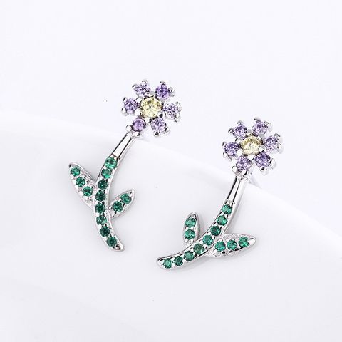 IG Style Sweet Shiny Flower Sterling Silver Plating Inlay Zircon Women's Earrings Necklace
