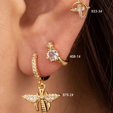 1 Piece Simple Style Cross Round Bee Inlay Copper Zircon Hoop Earrings