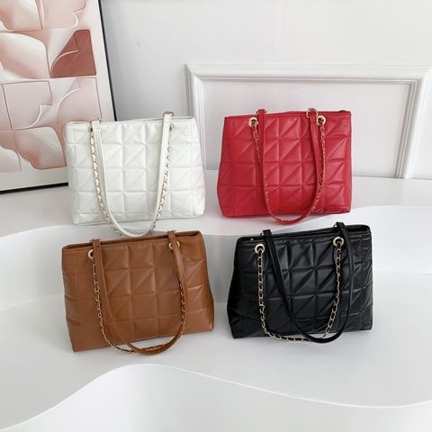 Women's Pu Leather Solid Color Classic Style Zipper Tote Bag