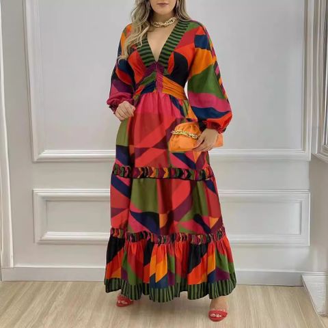 Women's Swing Dress Simple Style V Neck Printing Long Sleeve Color Block Maxi Long Dress Holiday