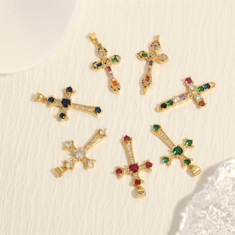 European And American Popular Copper Inlaid Micro Color Zirconium Cross Necklace Accessory Pendant Fashion DIY Jewelry Decorative Pendant Wholesale