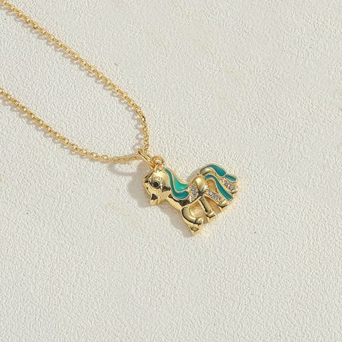 Copper 14K Gold Plated Vintage Style Simple Style Commute Enamel Inlay Dinosaur Horse Zircon Pendant Necklace