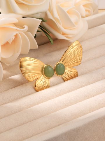 1 Pair Vintage Style Butterfly Inlay 304 Stainless Steel Natural Stone 18K Gold Plated Ear Studs