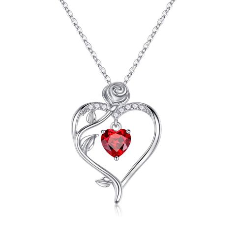 Sterling Silver Elegant Heart Shape Rose Solid Color Inlay Zircon Pendant Necklace