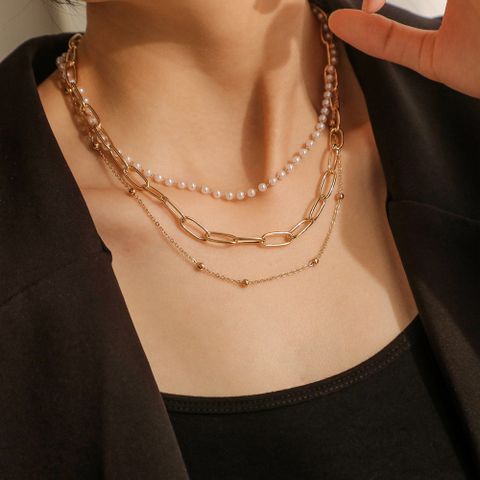 Wholesale Jewelry Simple Style Classic Style Geometric Iron 18K Gold Plated Beaded Three Layer Necklace