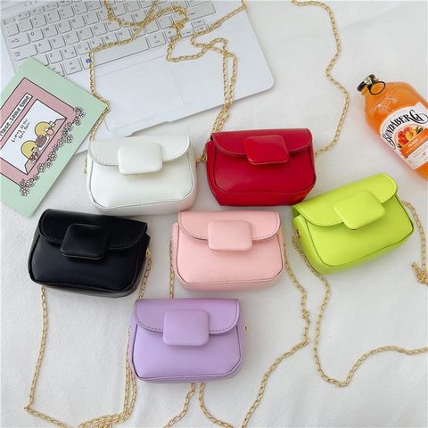 Girl'S Pu Leather Solid Color Cute Square Flip Cover Crossbody Bag