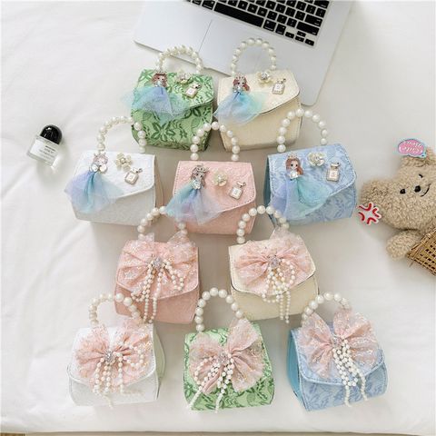 Girl'S Canvas Cartoon Character Solid Color Bow Knot Cute Square Flip Cover Handbag