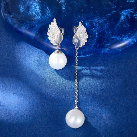 1 Pair Elegant Pearl Wings Inlay Sterling Silver Artificial Pearls White Gold Plated Drop Earrings