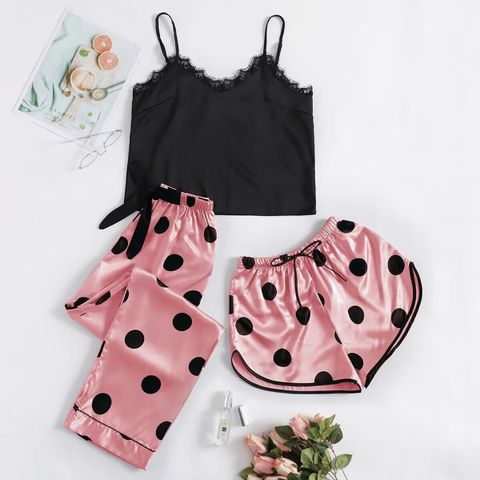Home Daily Women's Casual Round Dots Imitated Silk Polyester Pants Sets Pajama Sets