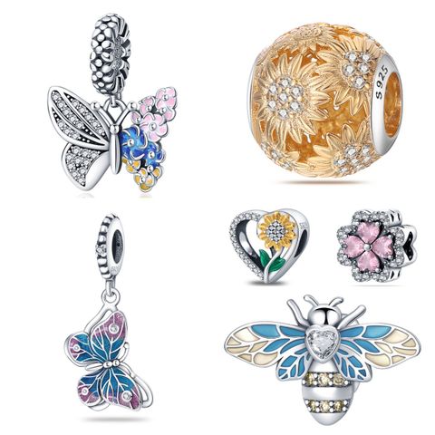 Panjia Style 925 Sterling Silver Butterfly Bee Sunflower Chrysanthemum String Ornament Beaded Charm Diy Ornament Accessories Wholesale
