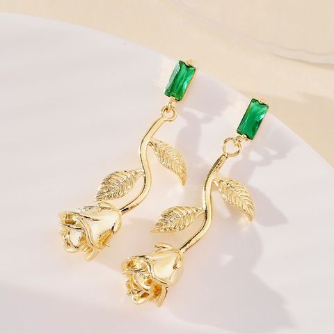 1 Pair Simple Style Classic Style Rose Flower Flowers Inlay Copper Zircon 18K Gold Plated Drop Earrings