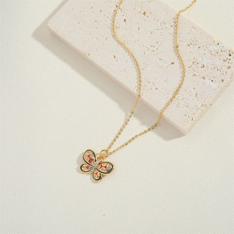Copper 14K Gold Plated Vintage Style Simple Style Commute Enamel Inlay Carrot Flower Butterfly Zircon Pendant Necklace