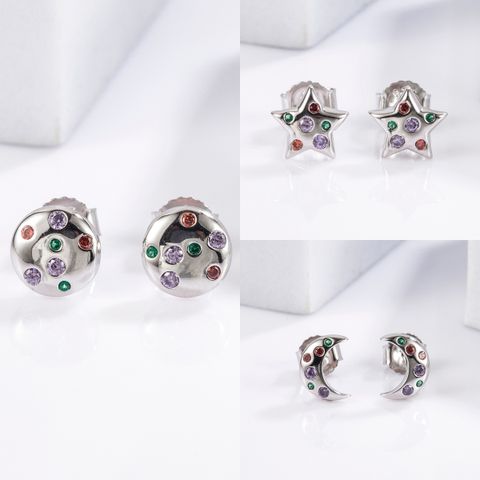1 Pair Streetwear Round Star Moon Plating Inlay Sterling Silver Zircon White Gold Plated Ear Studs