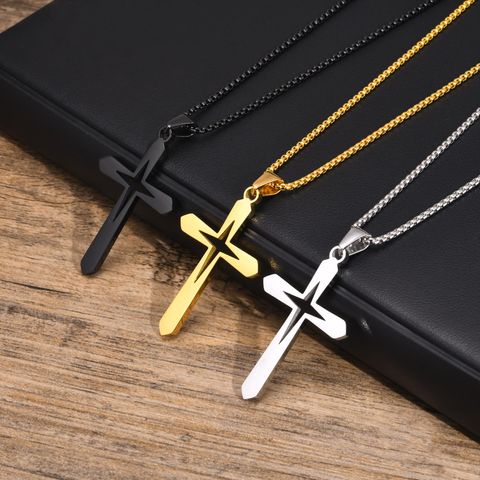 Stainless Steel 18K Gold Plated Hip-Hop Simple Style Streetwear Hollow Out Cross Pendant Necklace
