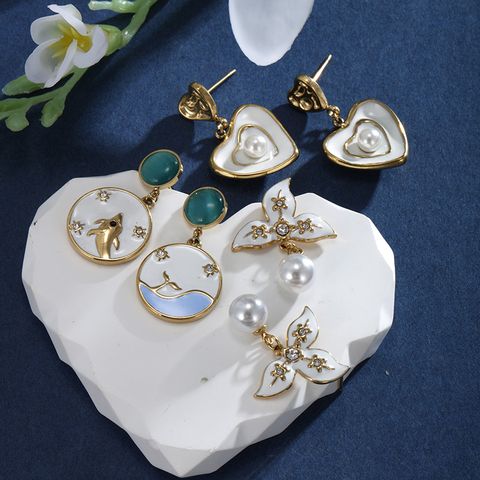 1 Pair XUPING Sweet Dolphin Heart Shape Pearl Enamel Inlay 304 Stainless Steel Artificial Gemstones Artificial Pearls 18K Gold Plated Drop Earrings