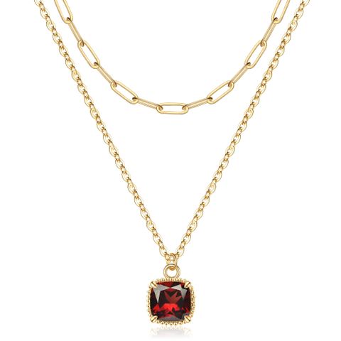 Copper 14K Gold Plated IG Style Simple Style Square Inlay Glass Birthstone Double Layer Necklaces