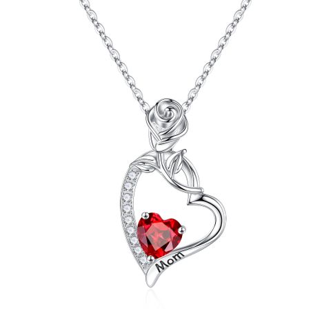 Sterling Silver Cute Sweet Letter Heart Shape Rose Plating Hollow Out Inlay Birthstone Zircon Pendant Necklace