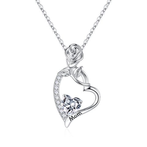 Sterling Silver Cute Sweet Letter Heart Shape Rose Plating Hollow Out Inlay Birthstone Zircon Pendant Necklace