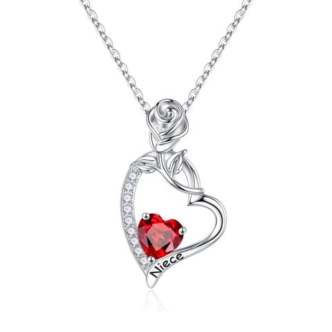Sterling Silver Cute Sweet Heart Shape Rose Plating Hollow Out Inlay Birthstone Zircon Pendant Necklace