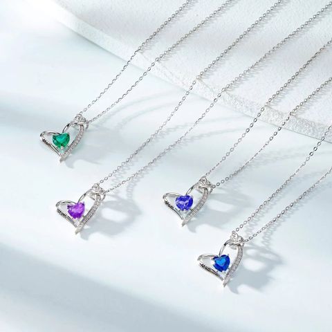 Sterling Silver Cute MAMA Sweet Letter Heart Shape Rose Inlay Zircon Pendant Necklace