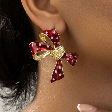 1 Pair Elegant Cute Round Dots Bow Knot Enamel Zinc Alloy 14K Gold Plated Ear Studs