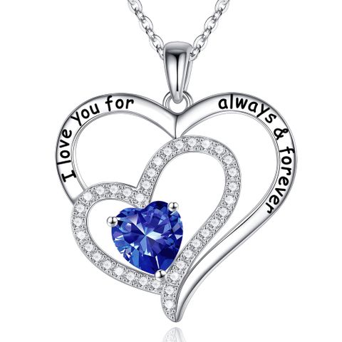 Sterling Silver Cute Sweet Heart Shape Plating Hollow Out Inlay Birthstone Zircon Pendant Necklace