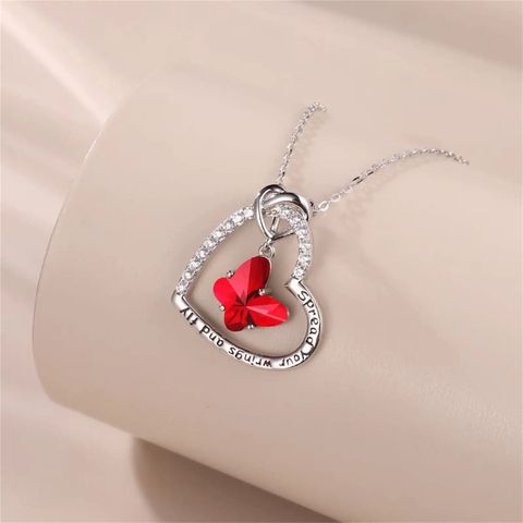 Sterling Silver IG Style Sweet Letter Heart Shape Butterfly Hollow Out Inlay Zircon Pendant Necklace