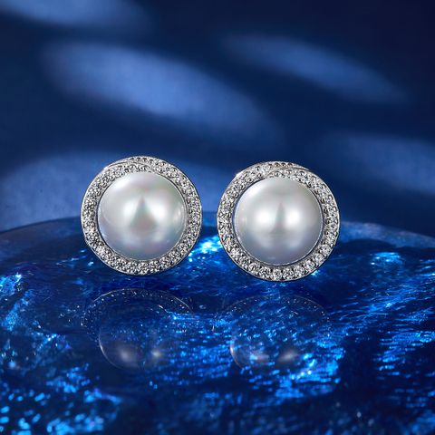 1 Pair Elegant Lady Geometric Inlay Sterling Silver Artificial Pearls Zircon White Gold Plated Ear Studs