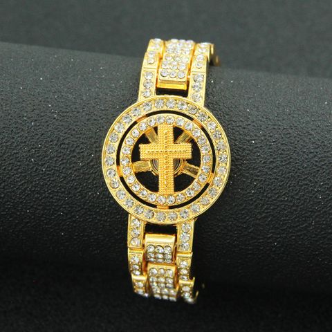 Simple Style Shiny Cross Alloy Inlay Rhinestones Gold Plated Unisex Wristband
