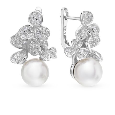 1 Pair Elegant Luxurious Flower Inlay Sterling Silver Artificial Pearls Zircon White Gold Plated Drop Earrings
