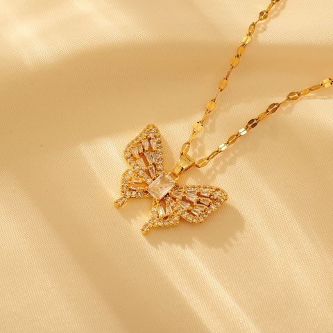 Copper 18K Gold Plated Elegant Simple Style Inlay Butterfly Artificial Diamond Pendant Necklace