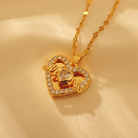 Titanium Steel 18K Gold Plated MAMA Sweet Simple Style Letter Heart Shape Inlay Artificial Diamond Pendant Necklace