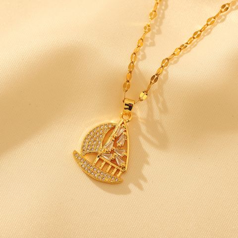 Copper 18K Gold Plated Retro Simple Style Inlay Ship Artificial Diamond Pendant Necklace